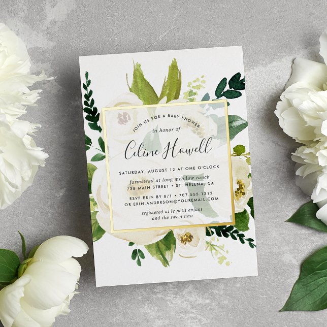 Alabaster Floral Baby Shower Gold Folieneinladung (Von Creator hochgeladen)