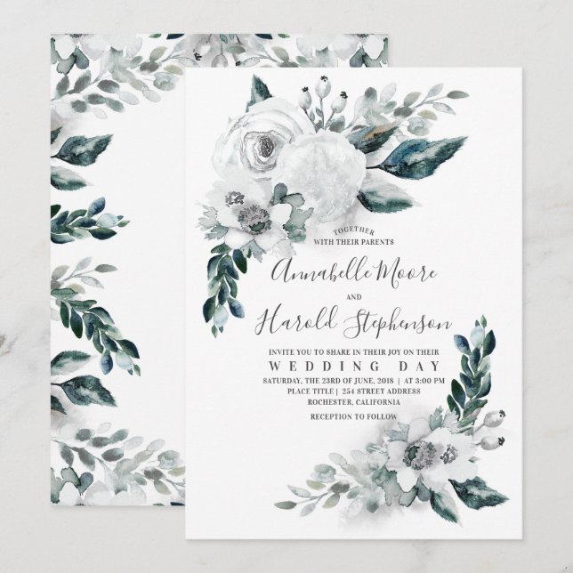 Alabaster Floral Greenery | Wasserfarbenhochzeit Einladung (Vorne/Hinten)