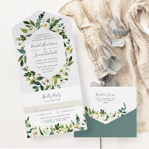 Alabaster   Hochzeitsarbeiten mit weißem Blumenrah All In One Einladung
