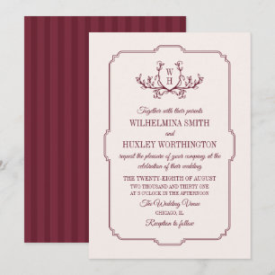 Alabaster- und Burgunder-Grün-Monogramm-Hochzeit Einladung