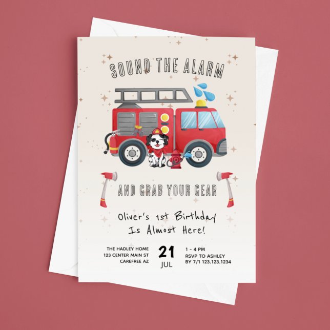 Alarm auslösen Feuerwehrwagen 1. Geburtstag Einladung (Von Creator hochgeladen)
