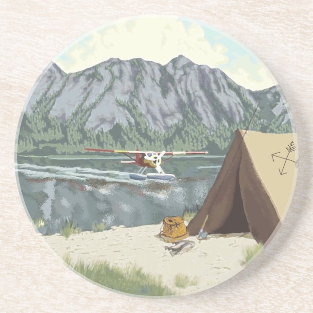 Alaska Bush Flugzeug und Angelreisen Sandstein Untersetzer (Vorne)