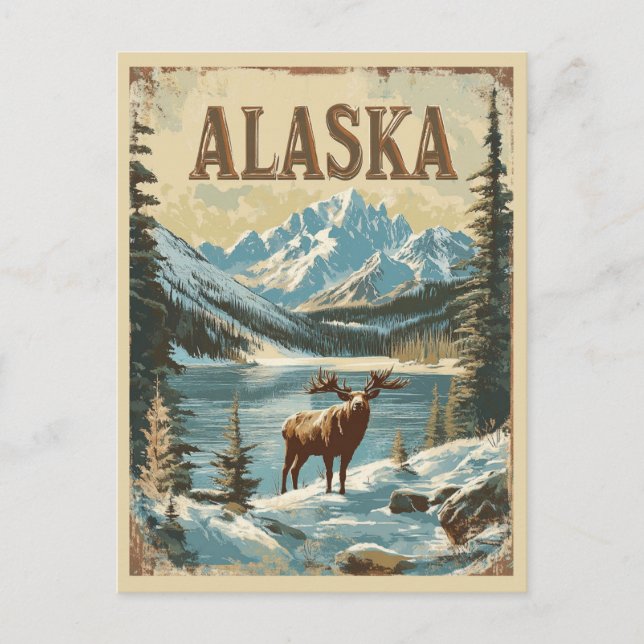 Alaska Elche Rustikale Vintage Naturreise Postkarte (Vorderseite)