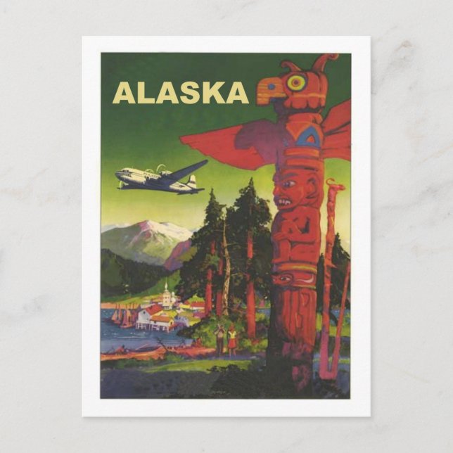 Alaska, indischer Totem, Flugzeug, Vintage Flugges Postkarte (Vorderseite)