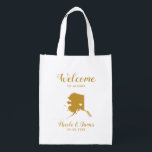 Alaska Map Wedding Welcome Bag Tasche Gold Wiederverwendbare Einkaufstasche<br><div class="desc">Hochzeitswochenende Begrüßungsgeschenktasche für Gäste aus der Stadt zu Ihrer Hochzeit,  mit Bild von Alaska,  mit Herz können Sie an der genauen Lage platzieren. Fülle die Tasche mit deinen Lieblingsgoodies.</div>