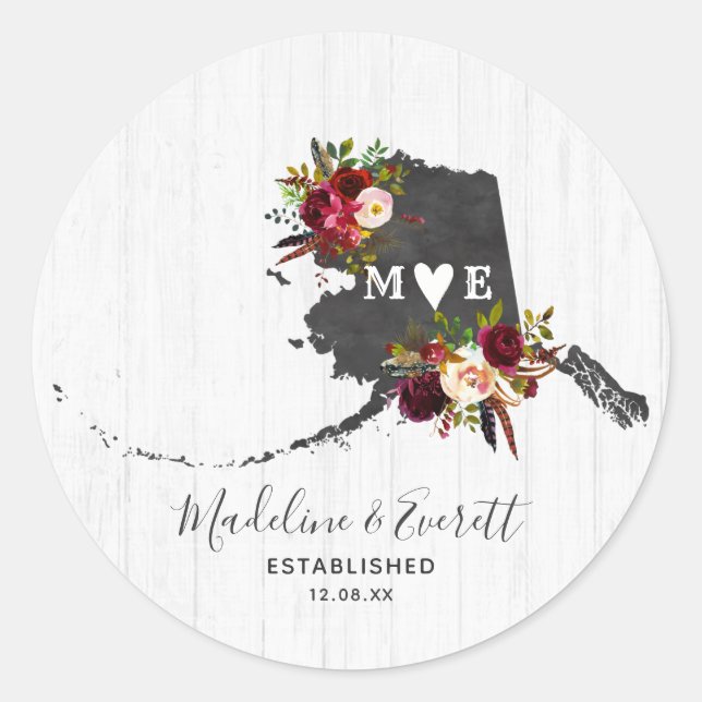 Alaska Staat Destination Rustic Monogram Wedding Runder Aufkleber (Vorderseite)