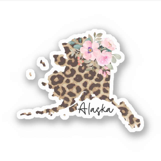 Alaska Staat Leopard Print mit Blume Aufkleber (Vorderseite)