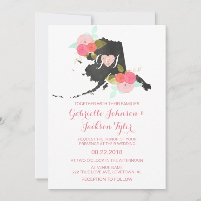 Alaska Staat Watercolor Blumenzellenhochzeit Einla Einladung (Vorderseite)