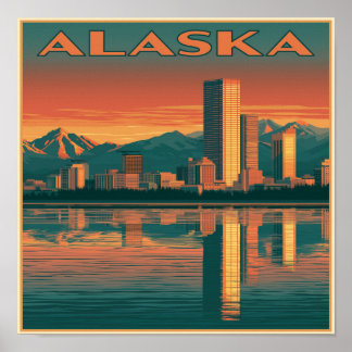 Alaska-Stadtlandschaft Sonnenuntergang Poster