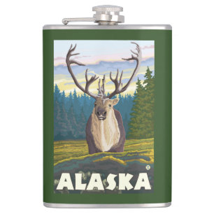 AlaskaCaribou in der wilden Vintagen Reise Flachmann