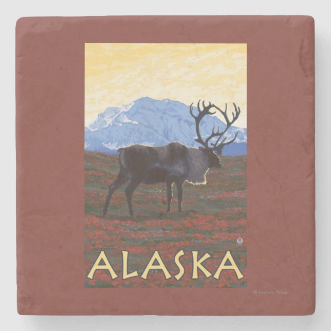 AlaskaCaribou Vintages Reise-Plakat Steinuntersetzer (Vorderseite)