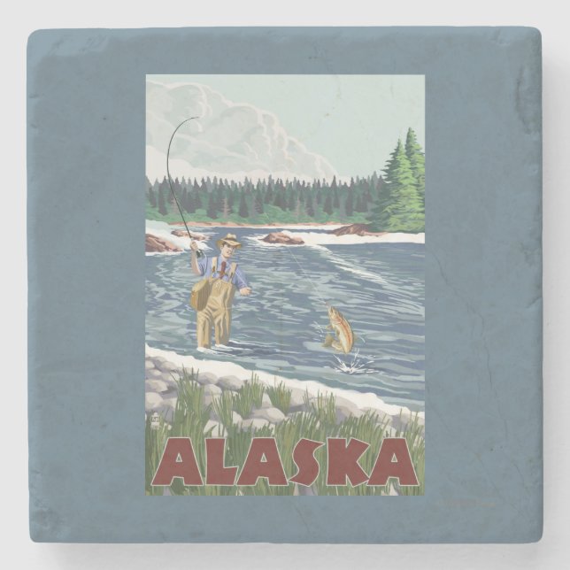 AlaskaFly Fischer-Vintages Reise-Plakat Steinuntersetzer (Vorderseite)