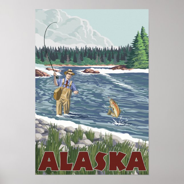 AlaskaFly Fisherman Vintage Travel Poster (Vorne)