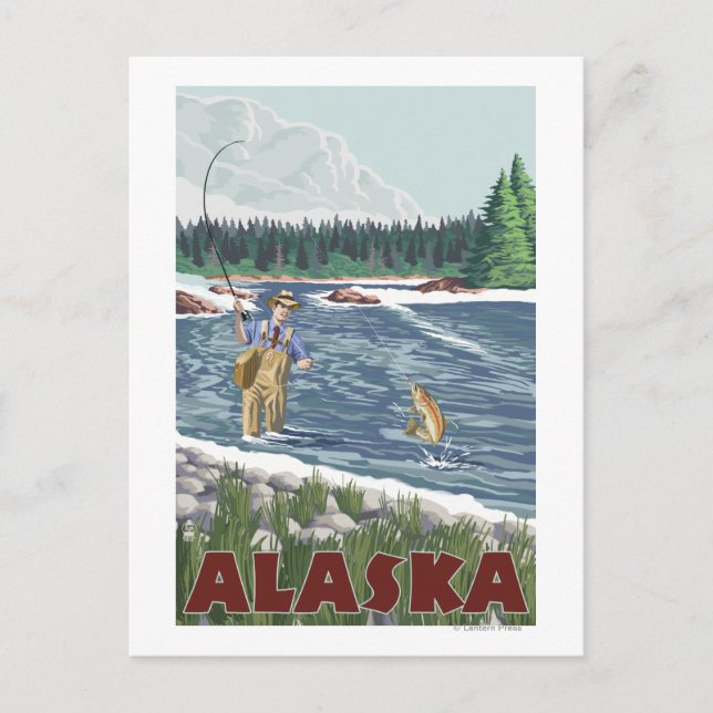 AlaskaFly Fisherman Vintage Travel Poster Postkarte (Vorderseite)