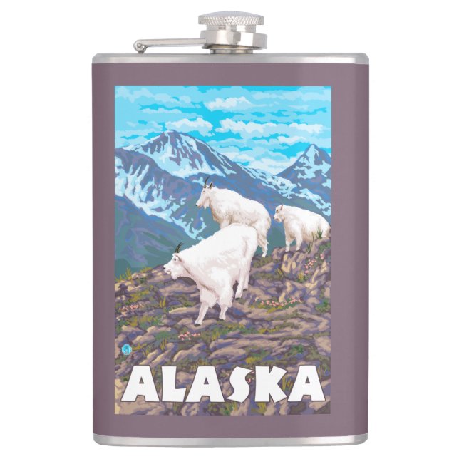 AlaskaMountain Ziegen-Vintages Reise-Plakat Flachmann (Vorderseite)