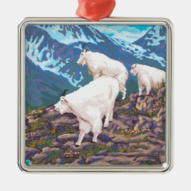 AlaskaMountain Ziegen-Vintages Reise-Plakat Silbernes Ornament (Vorne)
