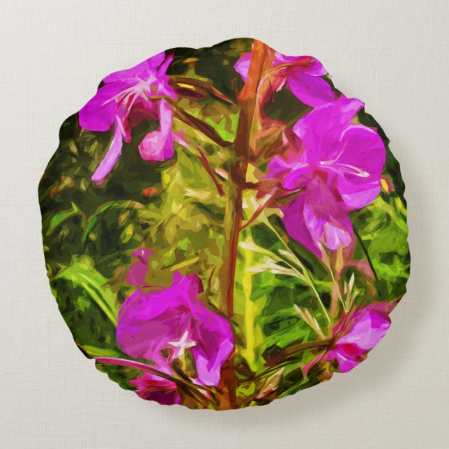 Alaskan Fireweed Pink Wildblume Abstrakt Rundes Kissen (Rückseite)