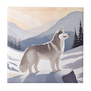 Alaskan Husky Dog Mountain Aquarell Fliese