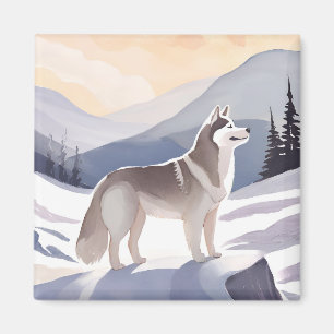 Alaskan Husky Dog Mountain Aquarell Magnet