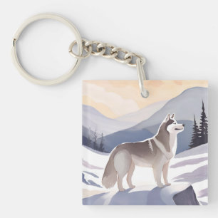 Alaskan Husky   Dog Mountain Aquarell Schlüsselanhänger