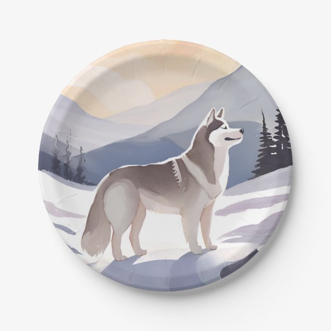 Alaskan Husky | Dog Mountain Watercolor Pappteller (Vorderseite)
