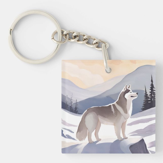 Alaskan Husky | Dog Mountain Watercolor Schlüsselanhänger (Vorderseite)