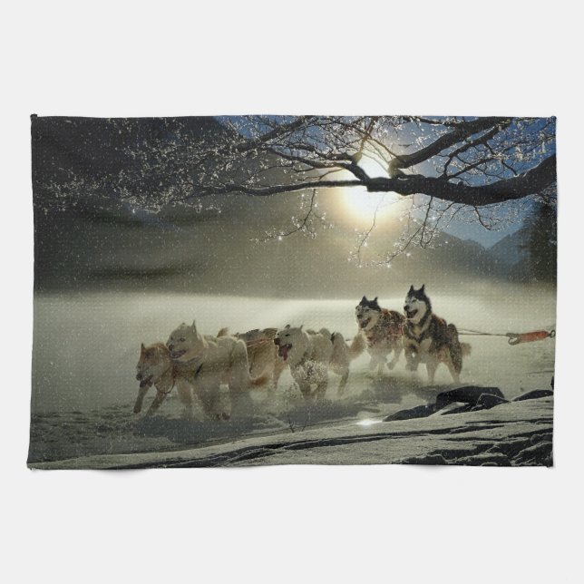 Alaskan Husky Hund Schlittenrennen Küchentuch (Horizontal)