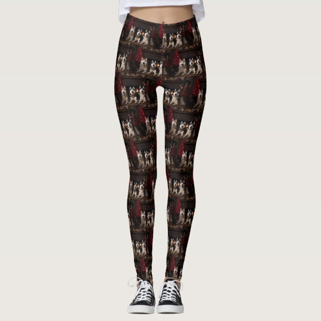 Alaskan Malamute am Feuerplatz Weihnachten Leggings (Vorderseite)
