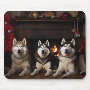 Alaskan Malamute am Feuerplatz Weihnachten Mousepad