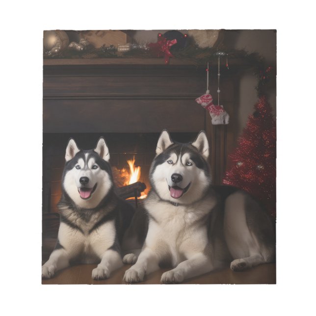 Alaskan Malamute am Feuerplatz Weihnachten Notizblock (Vorderseite)
