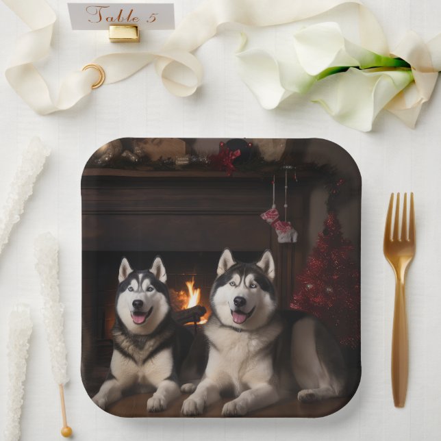 Alaskan Malamute am Feuerplatz Weihnachten Pappteller (Hochzeit)