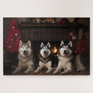 Alaskan Malamute am Kamin Weihnachten