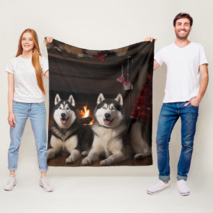 Alaskan Malamute am Kamin Weihnachten Fleecedecke