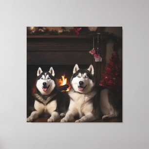 Alaskan Malamute am Kamin Weihnachten Leinwanddruck