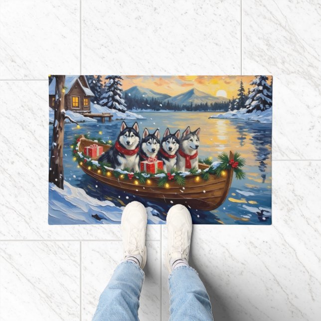 Alaskan Malamute Christmas Boat Holiday Fußmatte (Indoor)