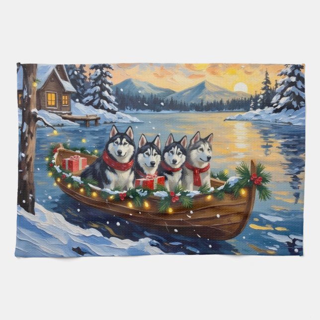 Alaskan Malamute Christmas Boat Holiday Geschirrtuch (Horizontal)