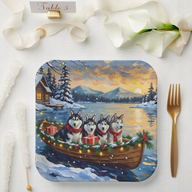 Alaskan Malamute Christmas Boat Holiday Pappteller (Hochzeit)