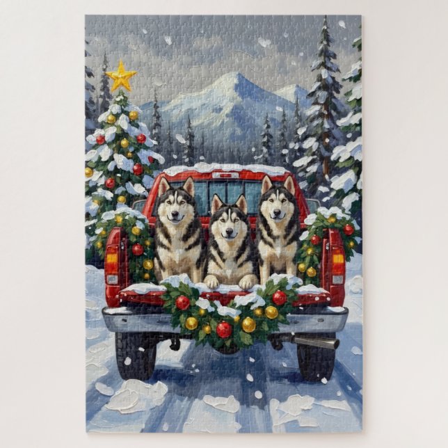Alaskan Malamute Christmas Red Truck Holiday (Vertikal)