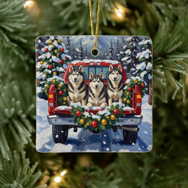 Alaskan Malamute Christmas Red Truck Holiday Keramikornament (Baum)