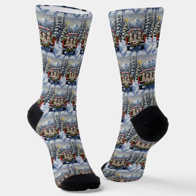 Alaskan Malamute Christmas Red Truck Holiday Socken (Gewinkelt)