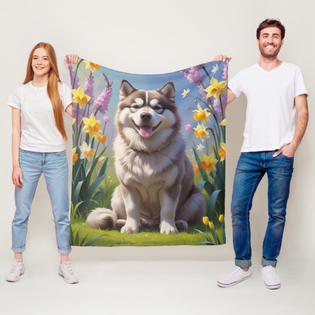 Alaskan Malamute Dog Frühlingsblumen Malerei Fleecedecke (Beispiel)