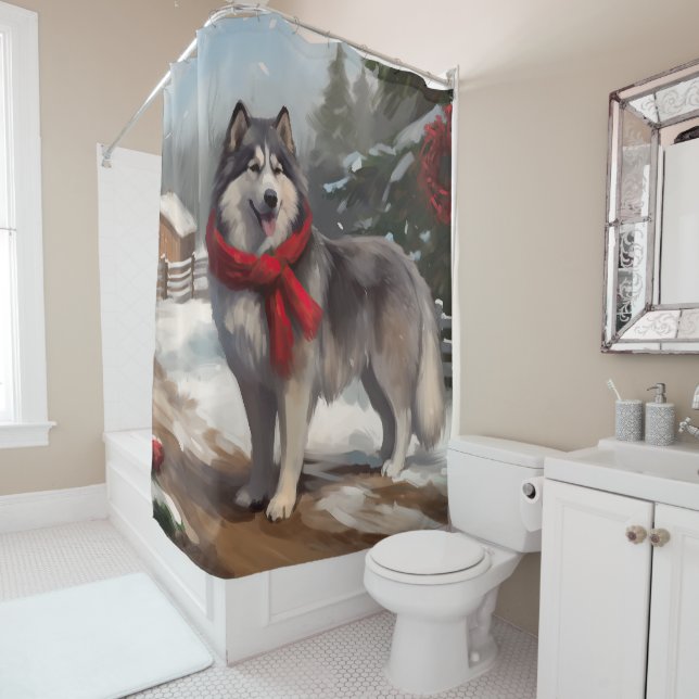 Alaskan Malamute Dog im Schnee Weihnachten Duschvorhang (Beispiel)