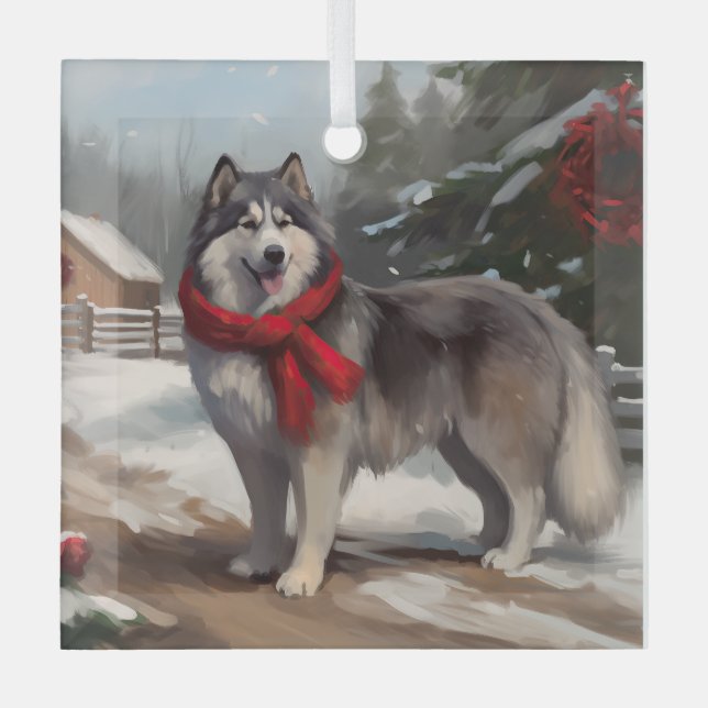 Alaskan Malamute Dog im Schnee Weihnachten Ornament Aus Glas (Vorderseite)