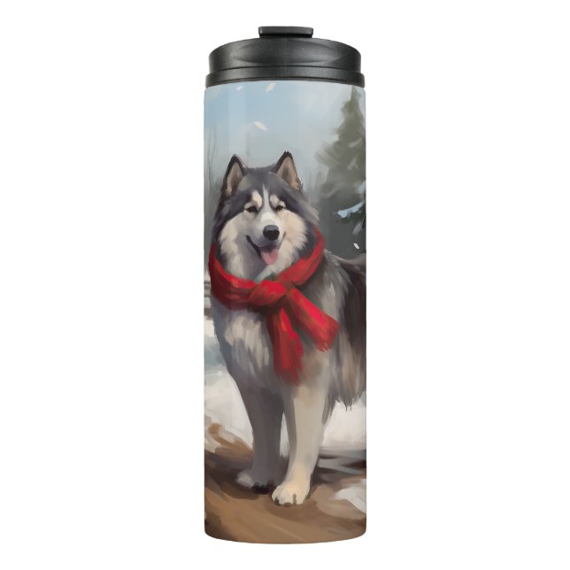 Alaskan Malamute Dog im Schnee Weihnachten Thermosbecher (Vorderseite)