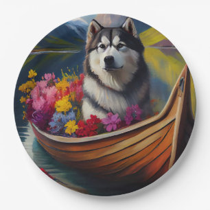 Alaskan Malamute Dog on Paddle: Ein Landschaftlich Pappteller