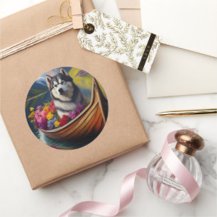 Alaskan Malamute Dog on Paddle: Ein Landschaftlich Runder Aufkleber