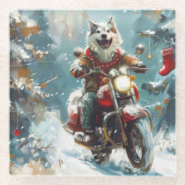 Alaskan Malamute Dog Riding Motorrad Weihnachten Glasuntersetzer (Vorderseite)