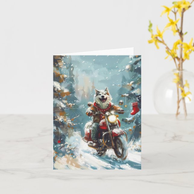 Alaskan Malamute Dog Riding Motorrad Weihnachten Karte (Gelbe Blume)