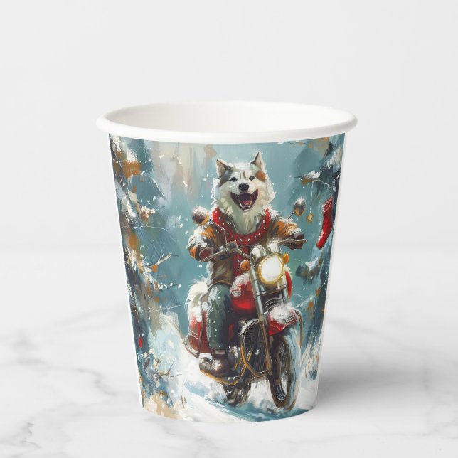 Alaskan Malamute Dog Riding Motorrad Weihnachten Pappbecher (Vorderseite)