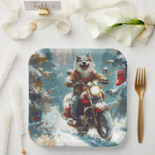 Alaskan Malamute Dog Riding Motorrad Weihnachten Pappteller